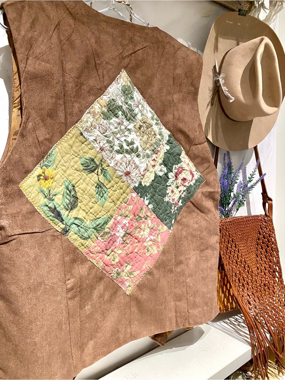 Upcycled Quilted back detailing on vegan suede boho vest rustic cottagecore vibe - Picture 5 of 16